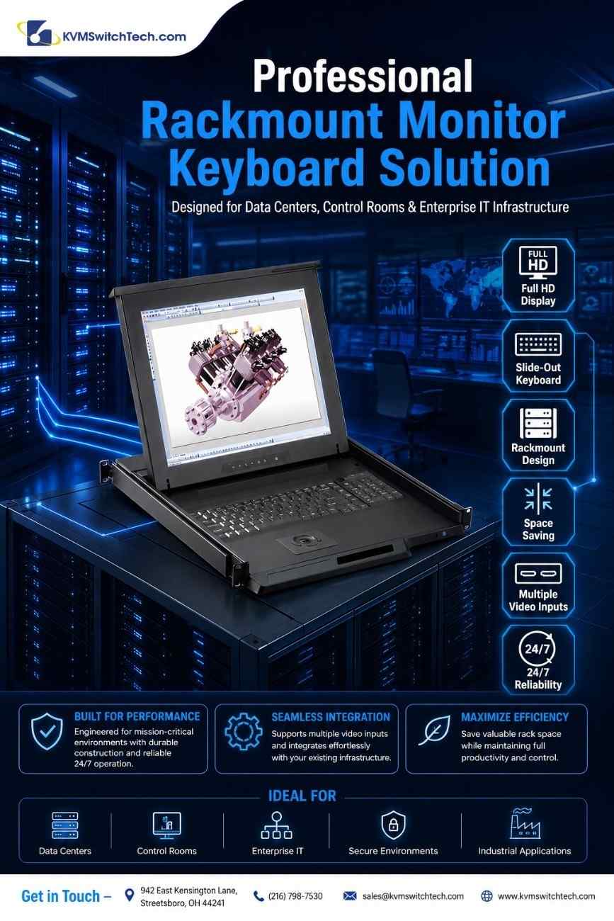 1U 17" Rack Monitor with Integrated CAT5 KVM over IP Switch Trackball, 8 Ports
